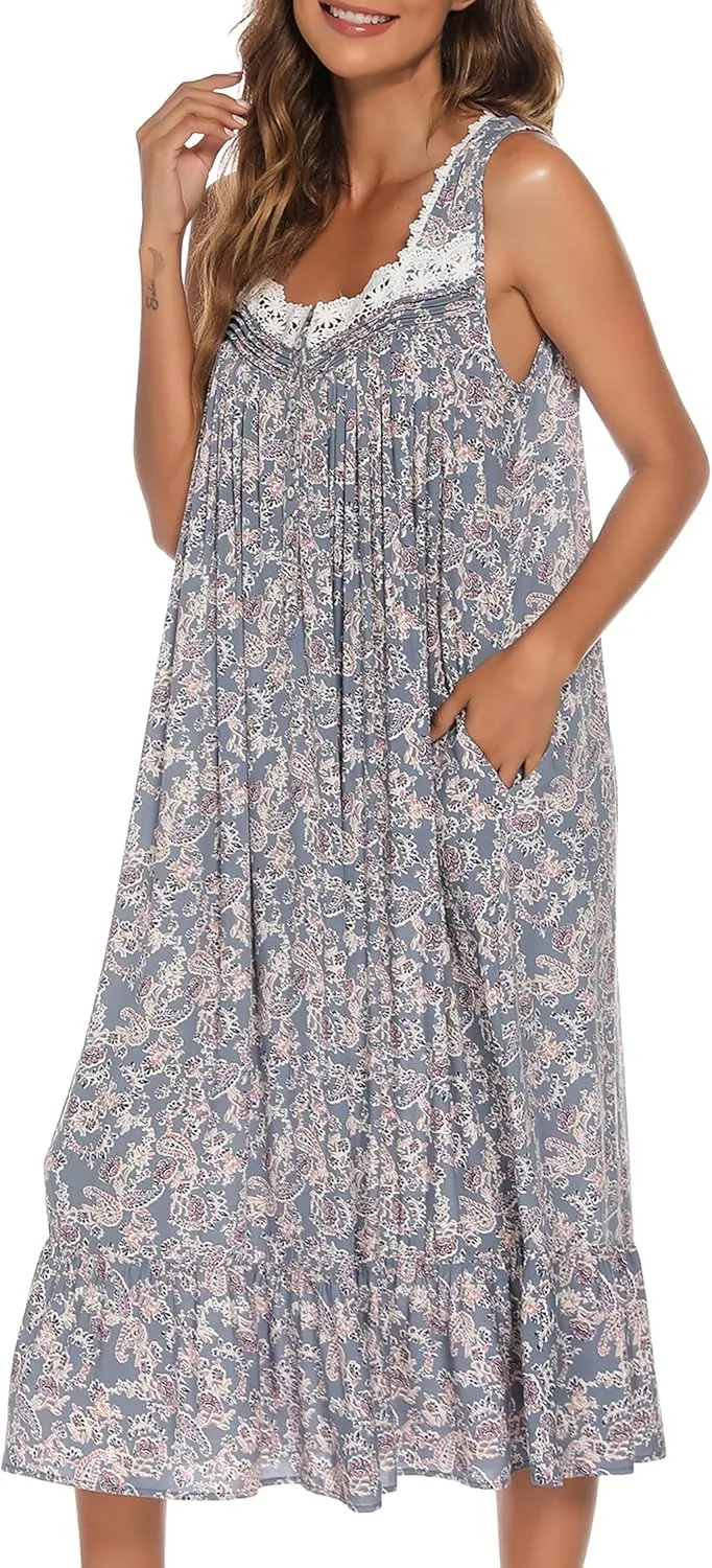 AVIIER Cotton Nightgowns for Women Sleeveless House Dress Ladies Long Nightdress with Pockets S-XXL