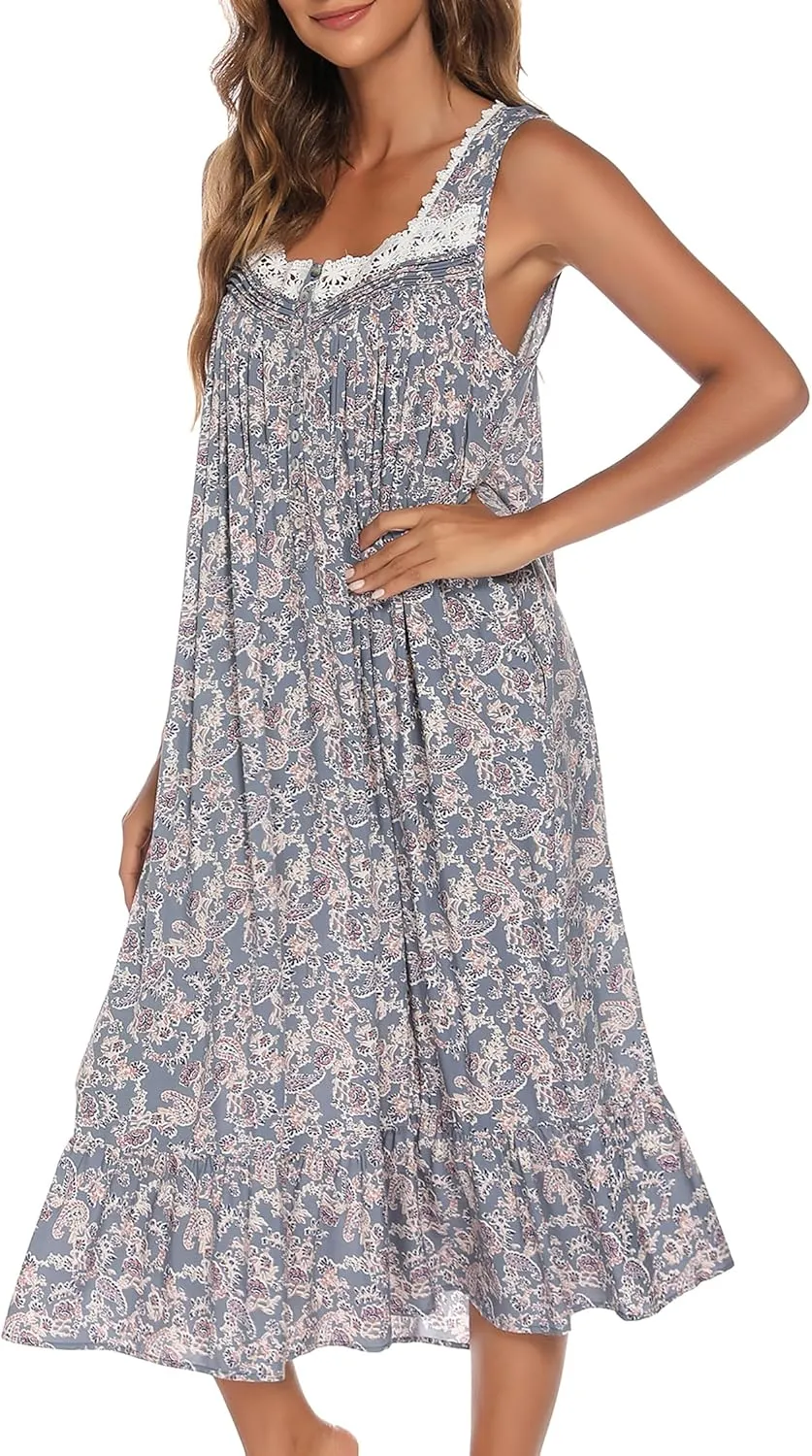 AVIIER Cotton Nightgowns for Women Sleeveless House Dress Ladies Long Nightdress with Pockets S-XXL