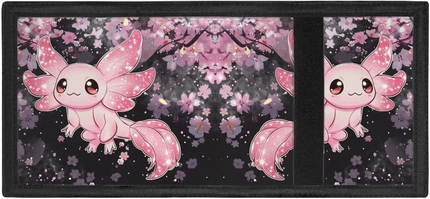 Axolotl Kids Wallet for Girls Cherry Blossom Trifold Canvas Wallet for Children Nylon Wallets for Kids 4-16 Children Wallets Trifold Pouch Wallet with Zipper for Girls Cute Kids Wallet