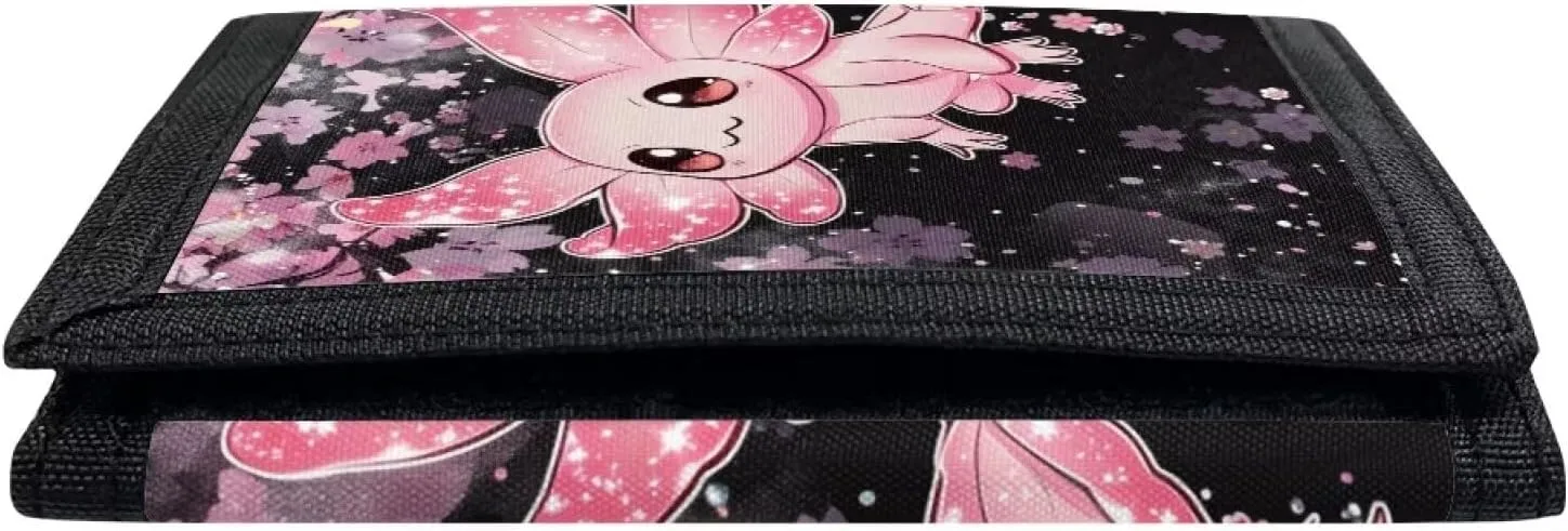 Axolotl Kids Wallet for Girls Cherry Blossom Trifold Canvas Wallet for Children Nylon Wallets for Kids 4-16 Children Wallets Trifold Pouch Wallet with Zipper for Girls Cute Kids Wallet
