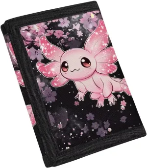 Axolotl Kids Wallet for Girls Cherry Blossom Trifold Canvas Wallet for Children Nylon Wallets for Kids 4-16 Children Wallets Trifold Pouch Wallet with Zipper for Girls Cute Kids Wallet