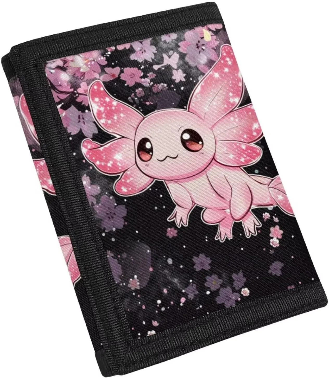 Axolotl Kids Wallet for Girls Cherry Blossom Trifold Canvas Wallet for Children Nylon Wallets for Kids 4-16 Children Wallets Trifold Pouch Wallet with Zipper for Girls Cute Kids Wallet