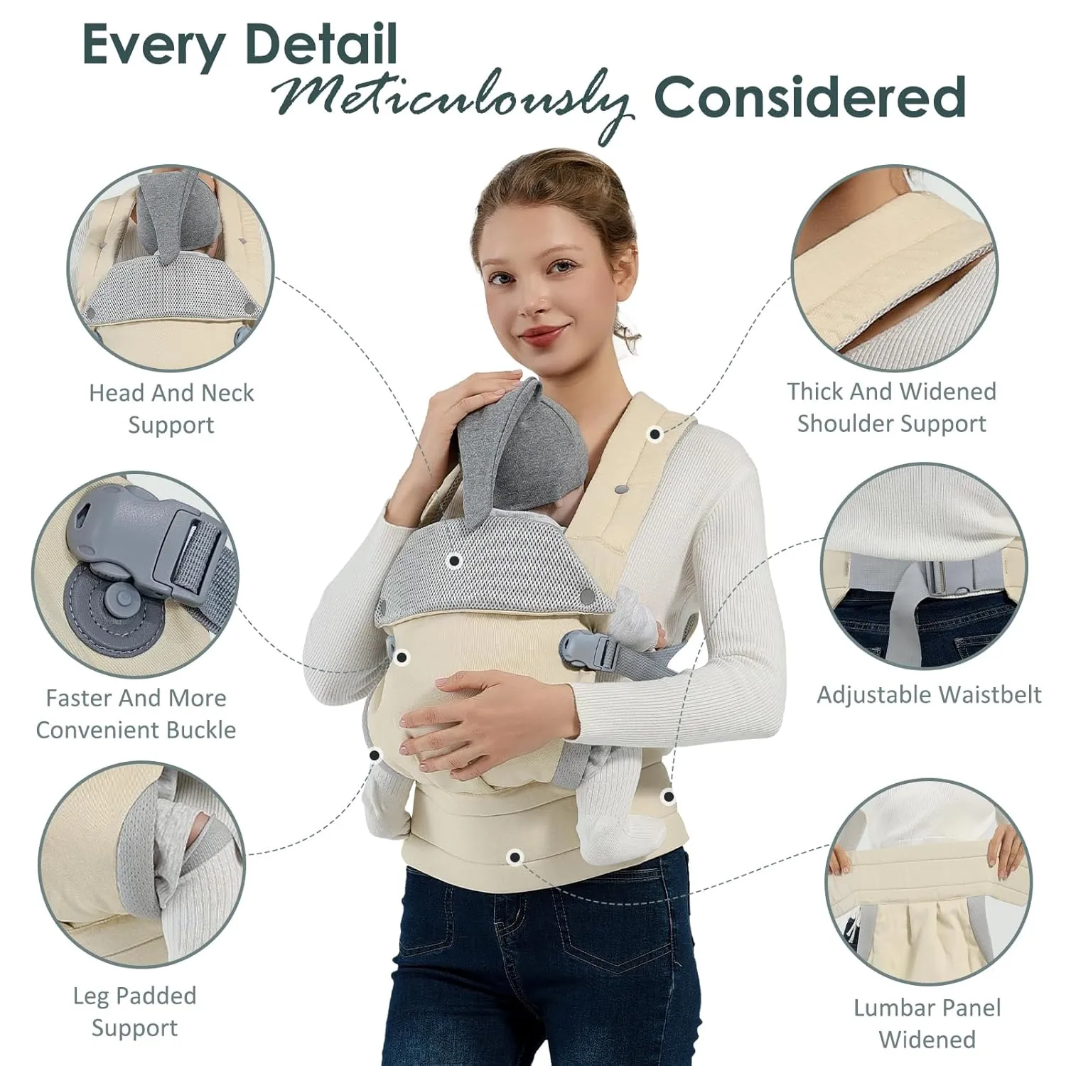 Baby Carrier Newborn to Toddler, Adjustable Toddler Carrier, Baby Holder Carrier, Kangaroo Infant Carriers with Widen Shoulder Straps, Cream