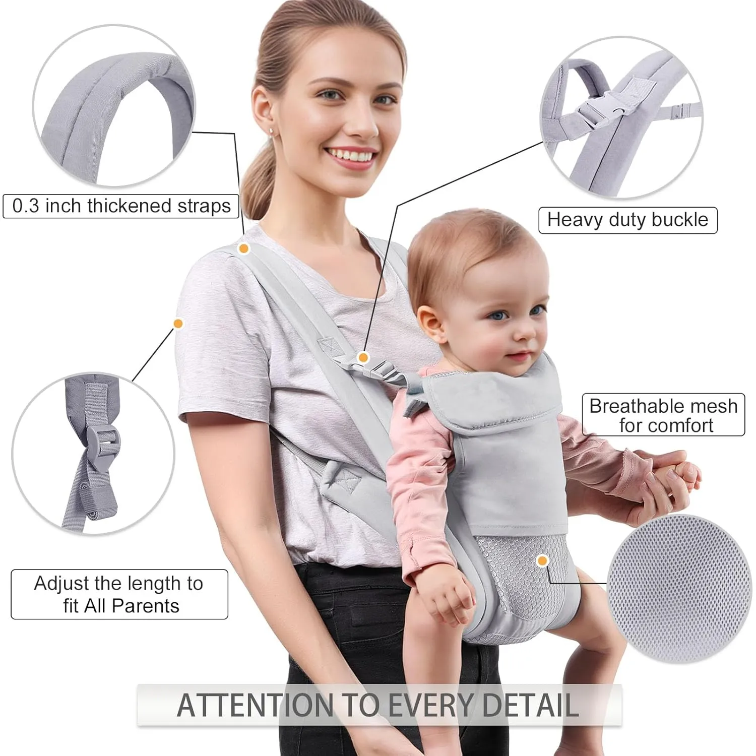 Baby Carrier Newborn to Toddler(7-30lbs), Toddler Carrier with Adjustable Shoulder Strap, Baby Holder Carrier with Breathable Mesh Fabric, Grey