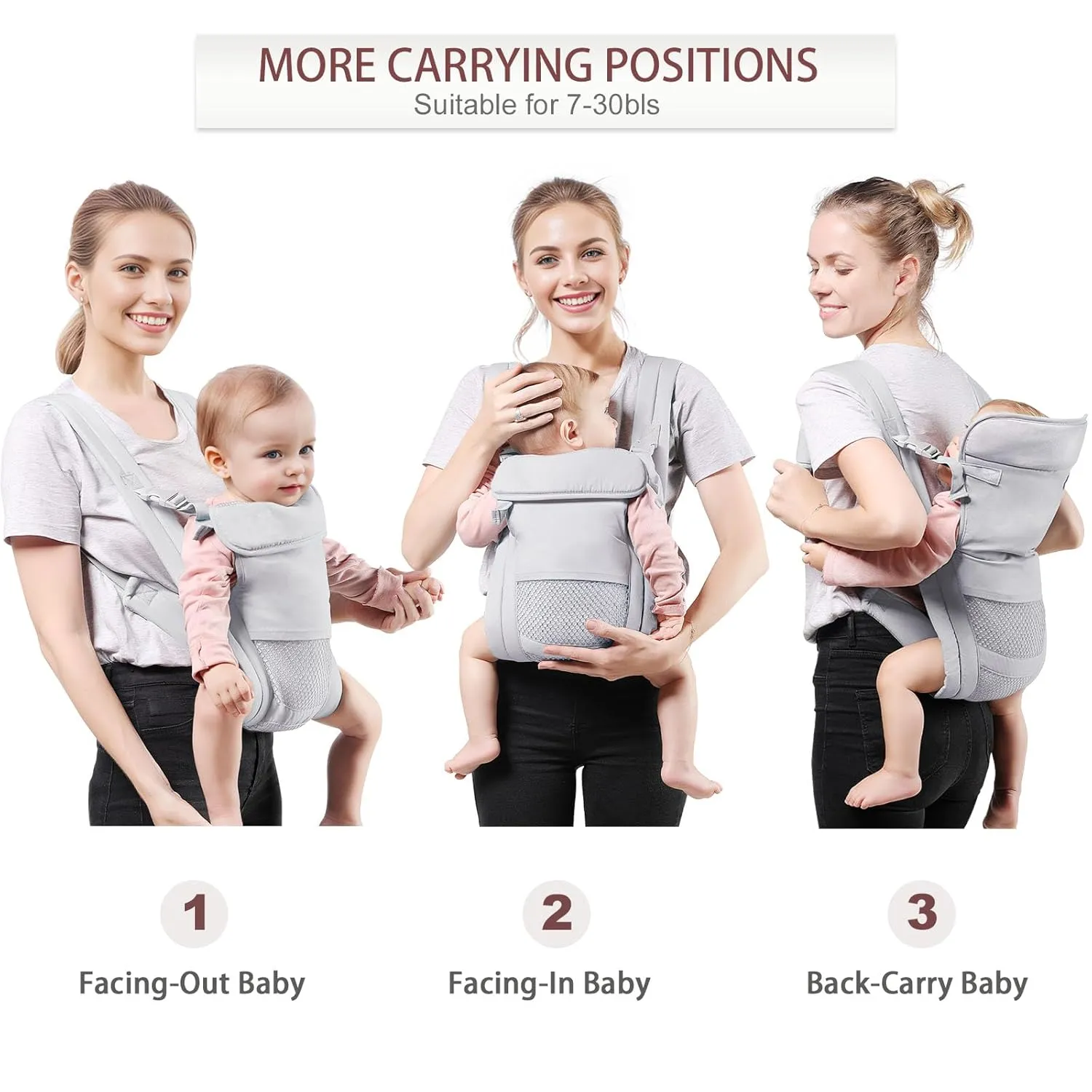 Baby Carrier Newborn to Toddler(7-30lbs), Toddler Carrier with Adjustable Shoulder Strap, Baby Holder Carrier with Breathable Mesh Fabric, Grey