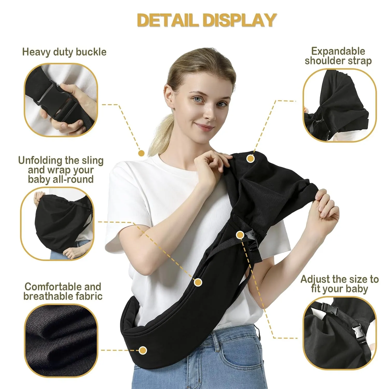 Baby Sling Carrier, Toddler Sling Toddler Carrier with Wide Shoulder Strap, Lightweight Baby Carriers Newborn to Toddler Infant Wrap Carriers Perfect for Mom and Dad, Black