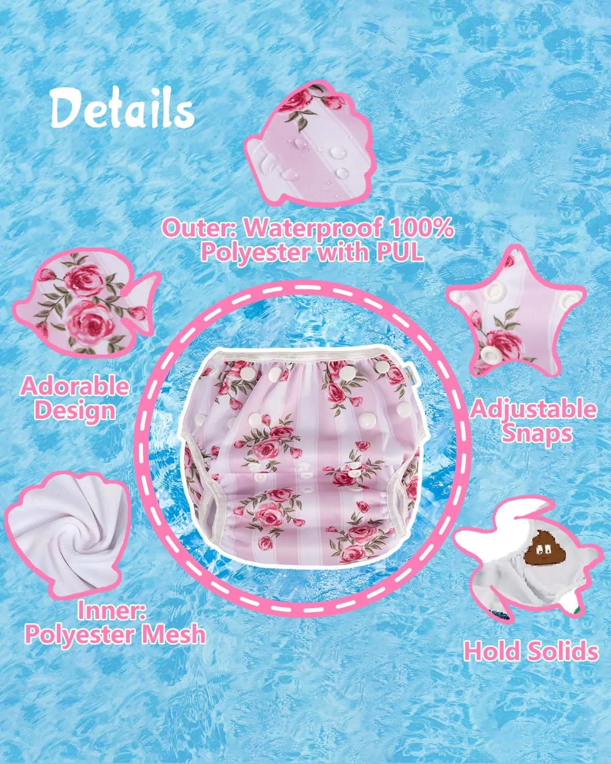 Babygoal Reusable Baby Girl Swim Diapers 3 Pack - Adjustable Washable for 0-8 Months Infants - Ideal for Swimming Lessons - Flower Design