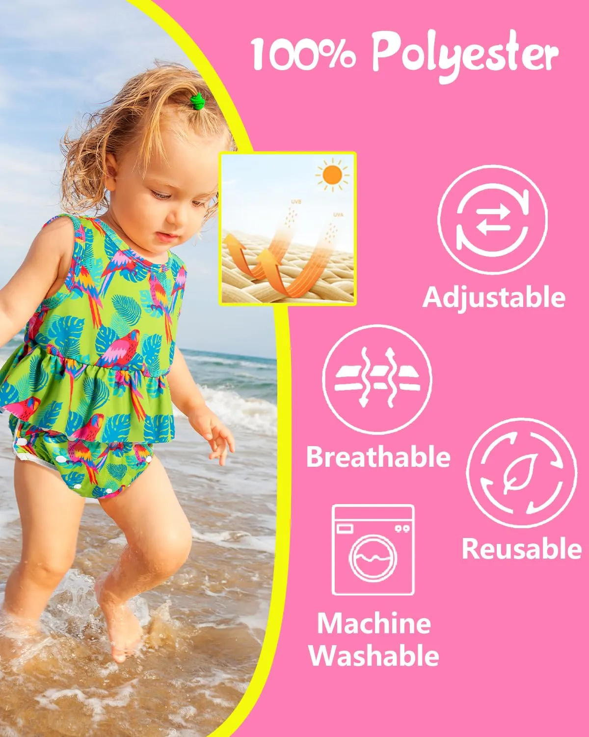 Babygoal Reusable Baby Girl Swim Diapers 3 Pack - Adjustable Washable for 0-8 Months Infants - Ideal for Swimming Lessons - Flower Design