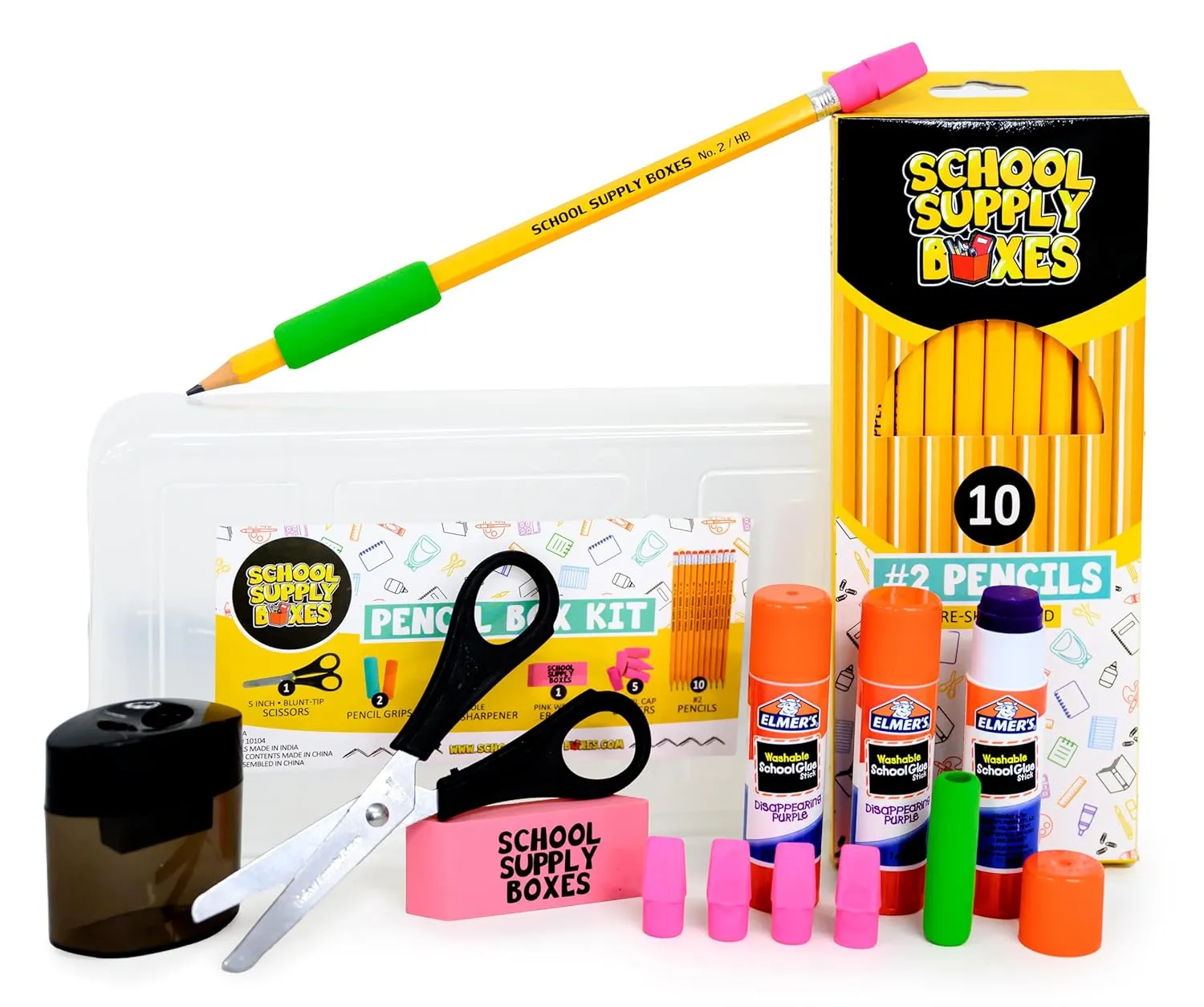 Back to School Supply Box Grades K-5 - School Supply Boxes - 32 Piece School Supplies Kit Includes Markers, Crayons, Pencils, Scissors, Folders, Glue Sticks, Notebook, and Composition Book