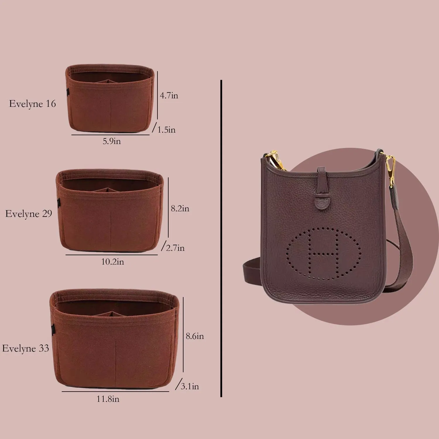 Bag Organizer Insert, Tote Purse Insert, Pocket Wallet Divider for Hermes Evelyne 16/29/33 (L(11.8×3.1×8.7), Brown)