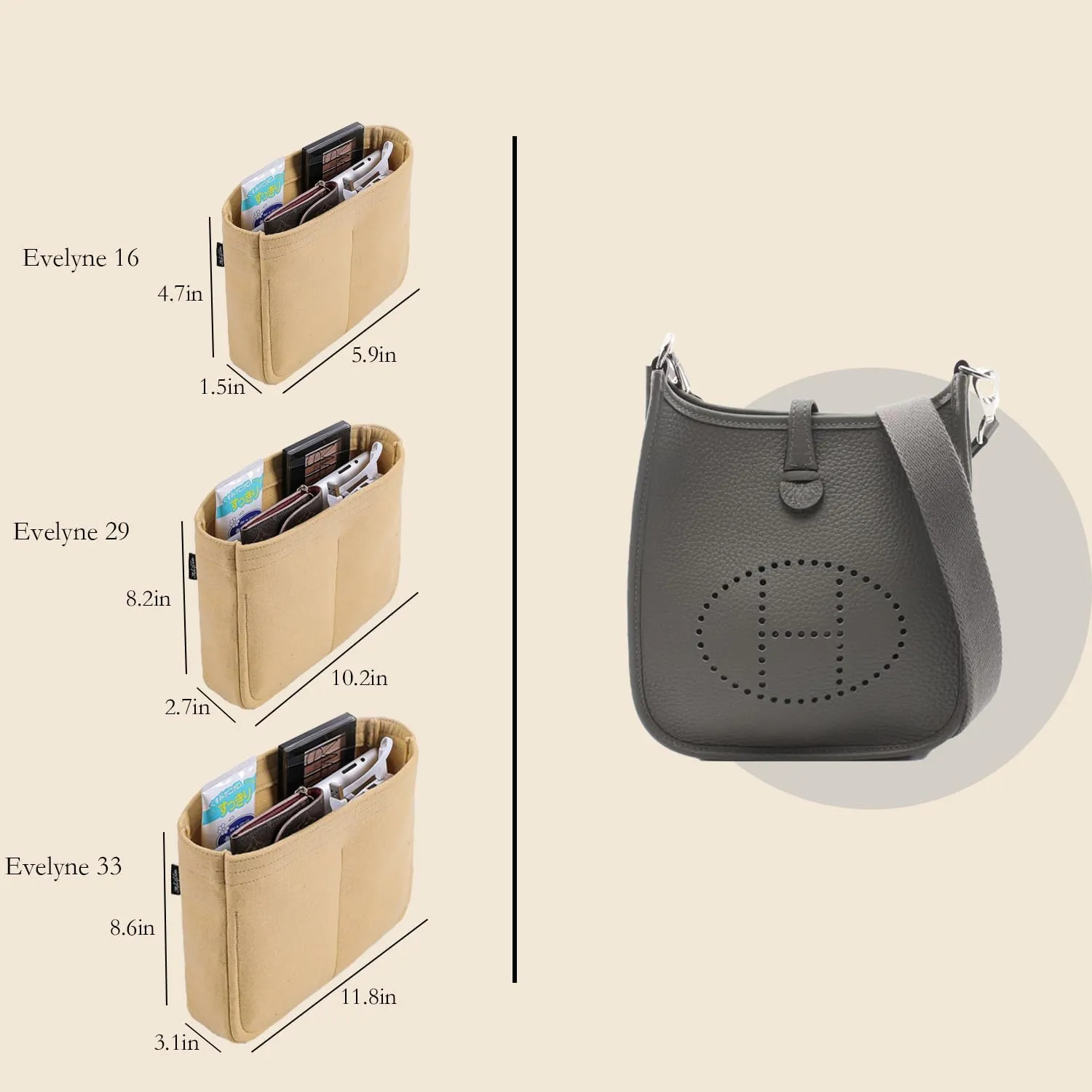 Bag Organizer Insert, Tote Purse Insert, Pocket Wallet Divider for Hermes Evelyne 16/29/33 (M(10.2×3×8.2), Beige)