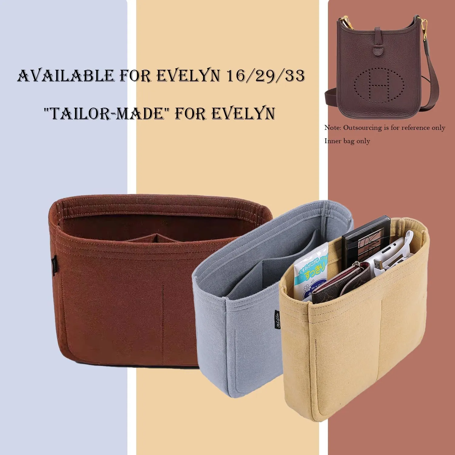 Bag Organizer Insert, Tote Purse Insert, Pocket Wallet Divider for Hermes Evelyne 16/29/33 (M(10.2×3×8.2), Beige)