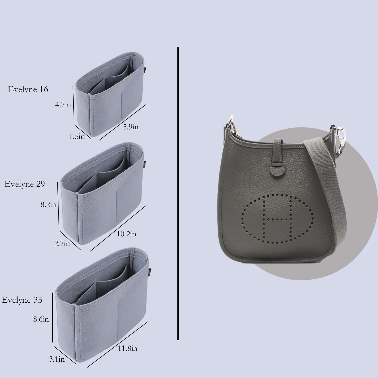 Bag Organizer Insert, Tote Purse Insert, Pocket Wallet Divider for Hermes Evelyne 16/29/33(L(11.8×3.1×8.7),Grey)