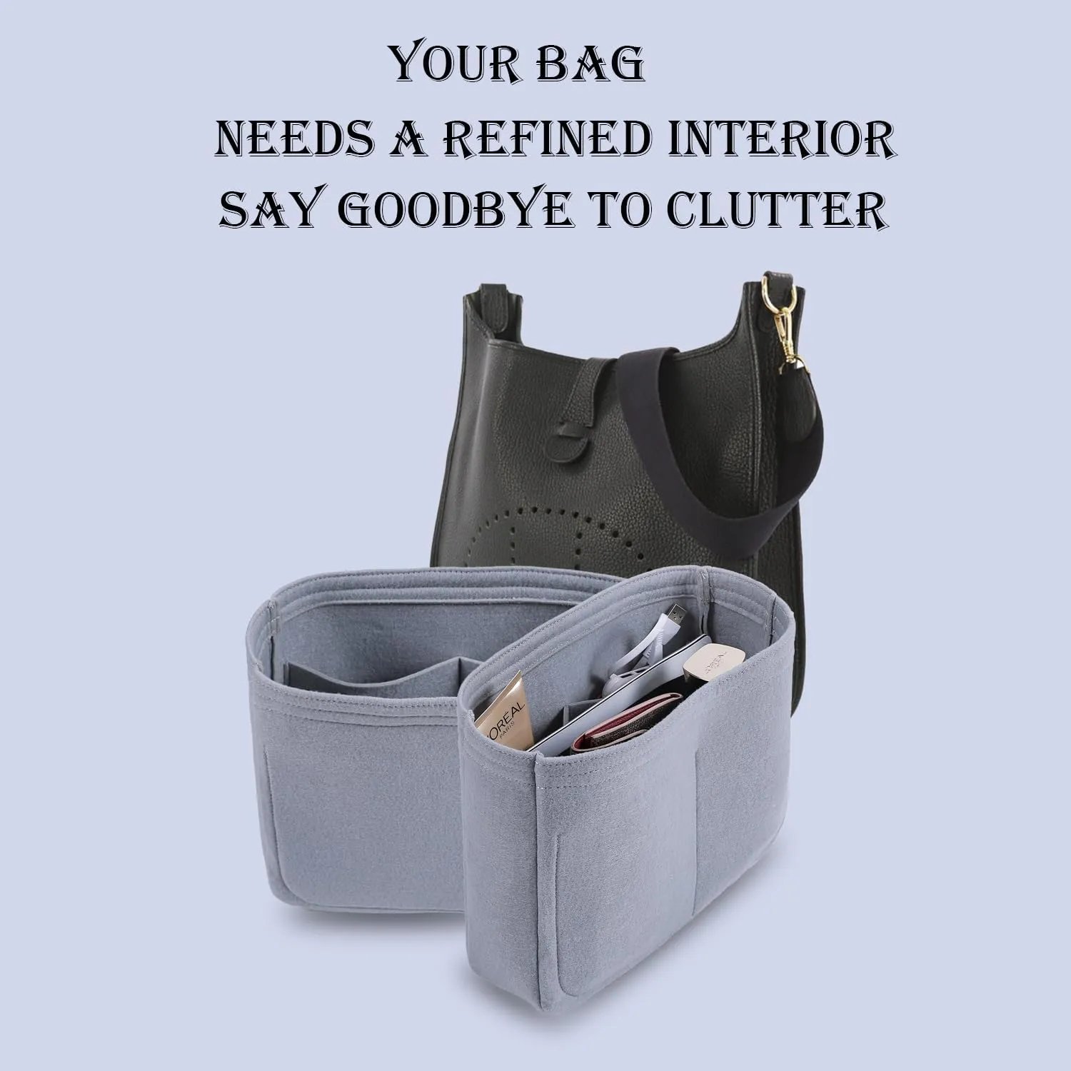 Bag Organizer Insert, Tote Purse Insert, Pocket Wallet Divider for Hermes Evelyne 16/29/33(L(11.8×3.1×8.7),Grey)