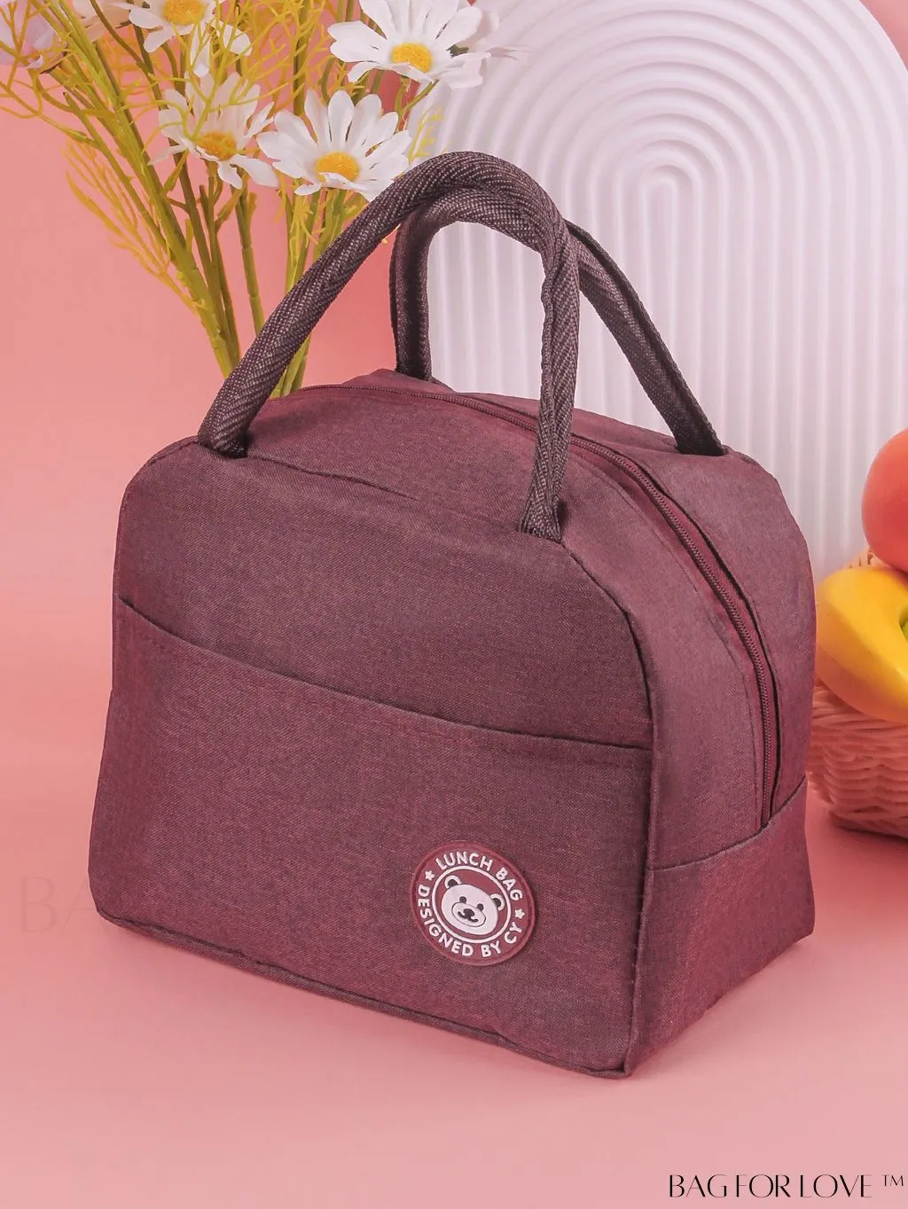 BagForLove - Burgundy Cartoon Bear Lunch Box Bag: Portable Thermal Insulated Picnic Carrier for Optimal Warmth.