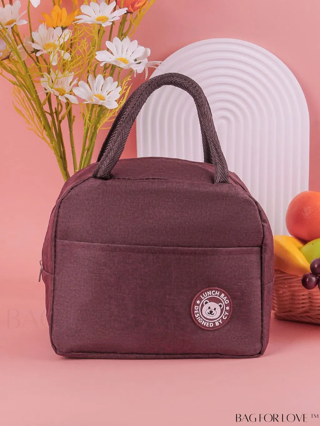 BagForLove - Burgundy Cartoon Bear Lunch Box Bag: Portable Thermal Insulated Picnic Carrier for Optimal Warmth.