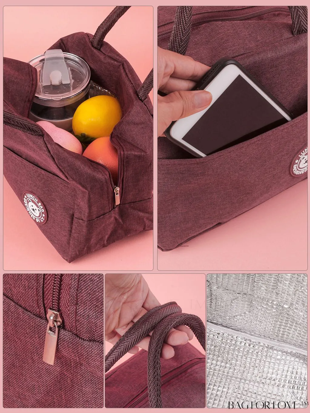 BagForLove - Burgundy Cartoon Bear Lunch Box Bag: Portable Thermal Insulated Picnic Carrier for Optimal Warmth.