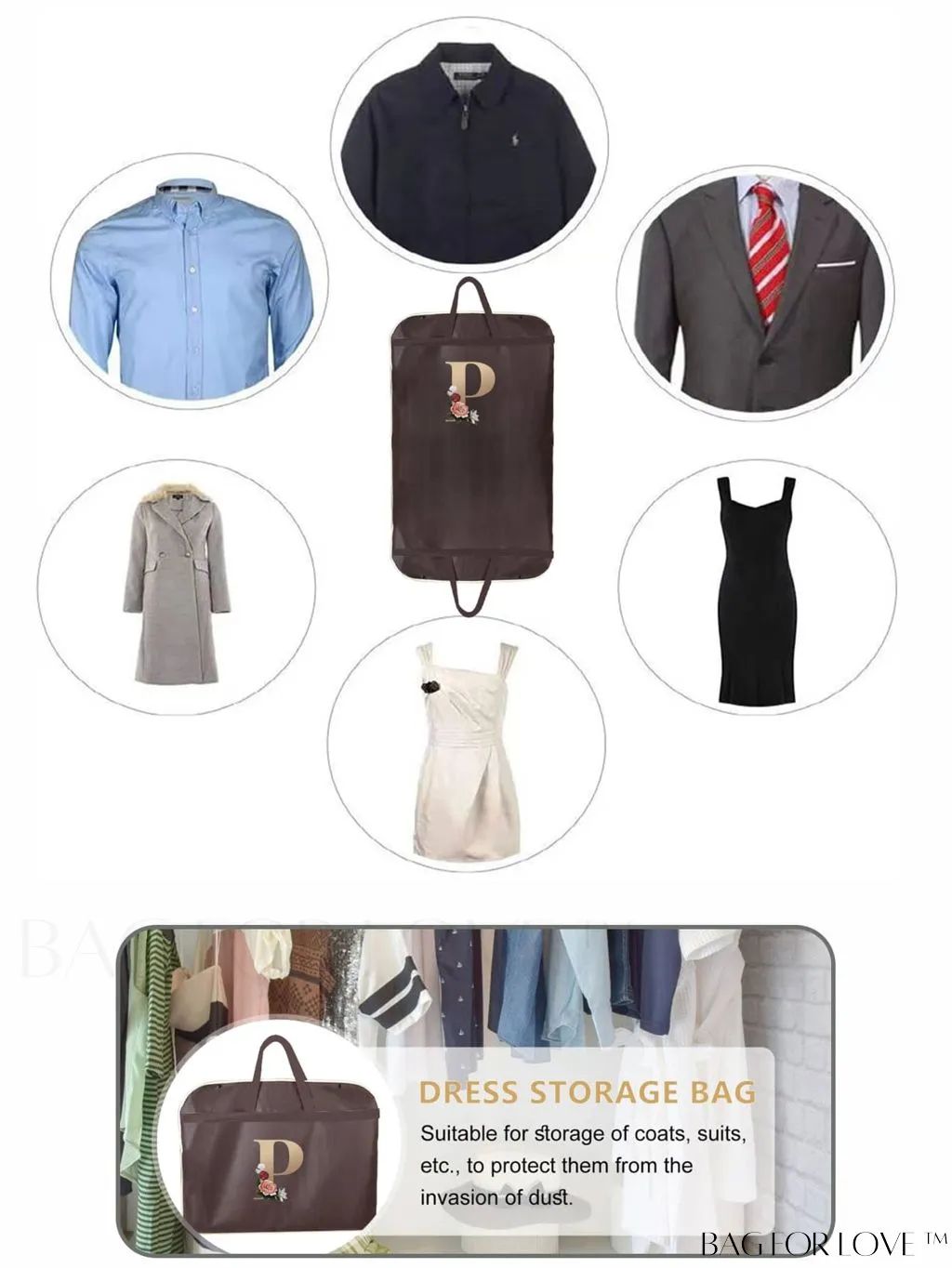 BagForLove - Personalized Gold Initial Wedding Dress Storage Bag - Travel-friendly Wardrobe and Garment Organizer