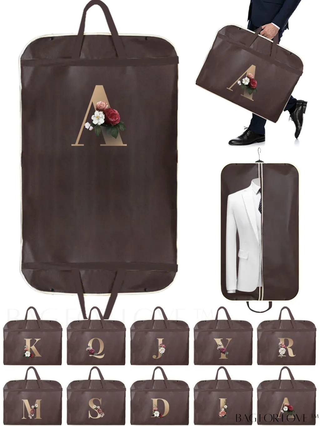 BagForLove - Personalized Gold Initial Wedding Dress Storage Bag - Travel-friendly Wardrobe and Garment Organizer