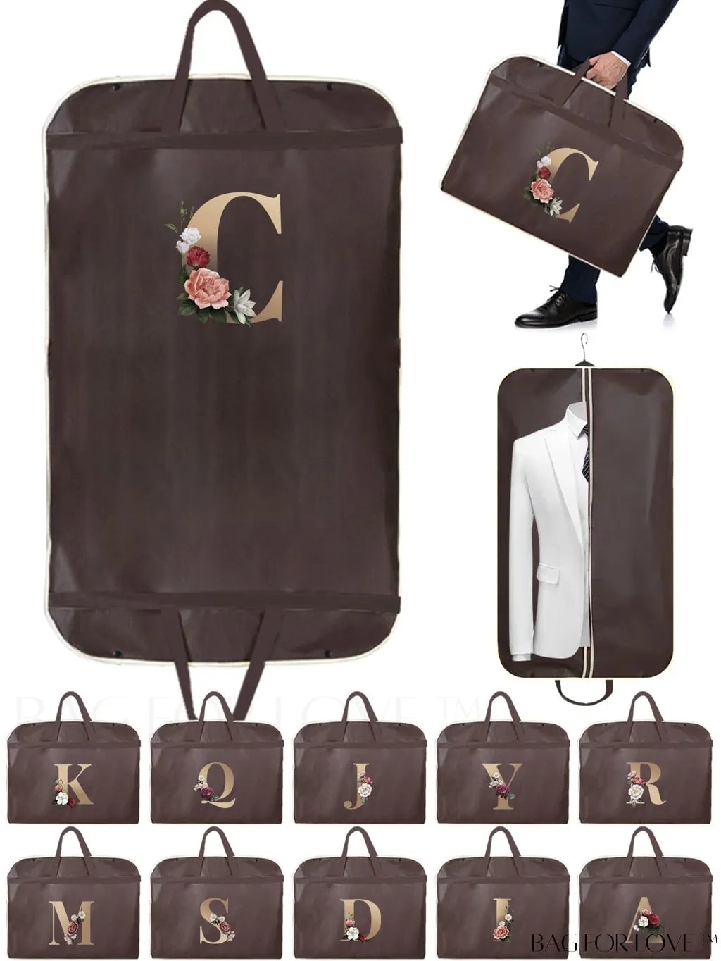 BagForLove - Personalized Gold Initial Wedding Dress Storage Bag - Travel-friendly Wardrobe and Garment Organizer