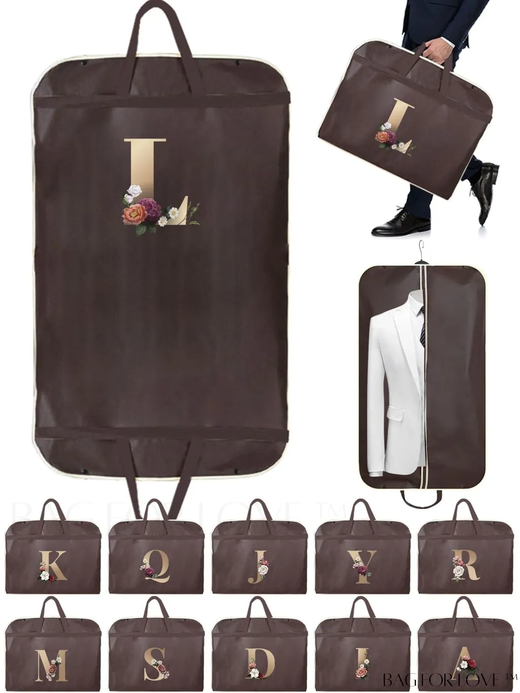BagForLove - Personalized Gold Initial Wedding Dress Storage Bag - Travel-friendly Wardrobe and Garment Organizer