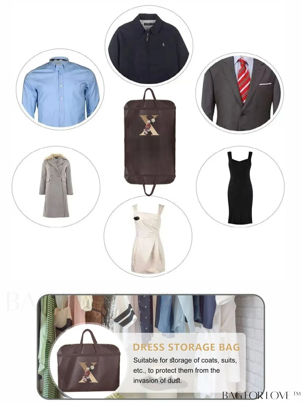 BagForLove - Personalized Gold Initial Wedding Dress Storage Bag - Travel-friendly Wardrobe and Garment Organizer