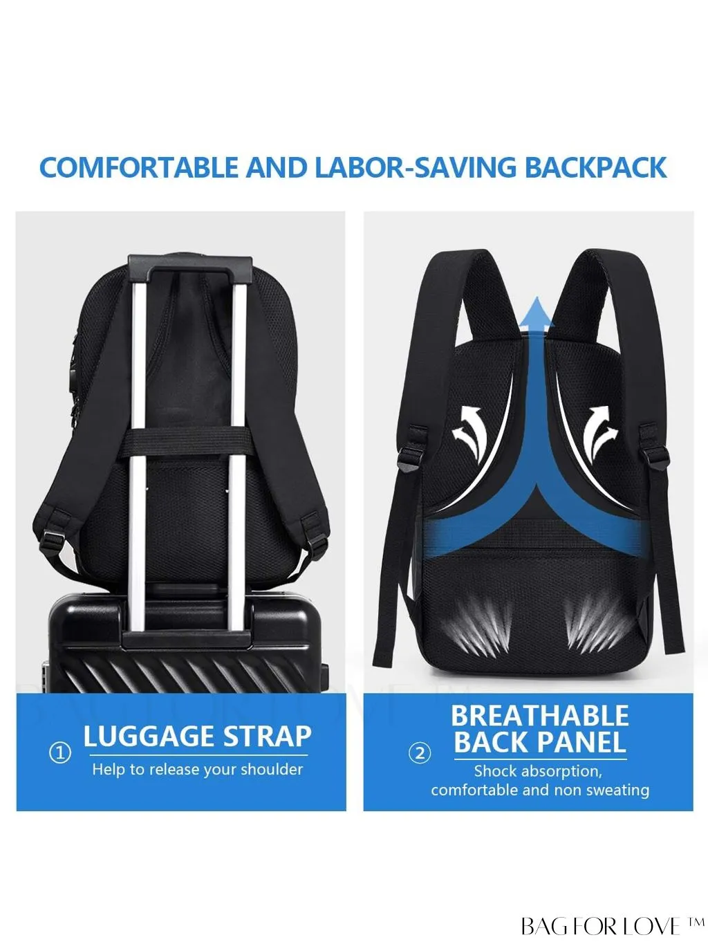 BagForLove - Premium Unisex Black Travel Laptop Backpack - Business-Friendly 15.6 Computer Work Bag