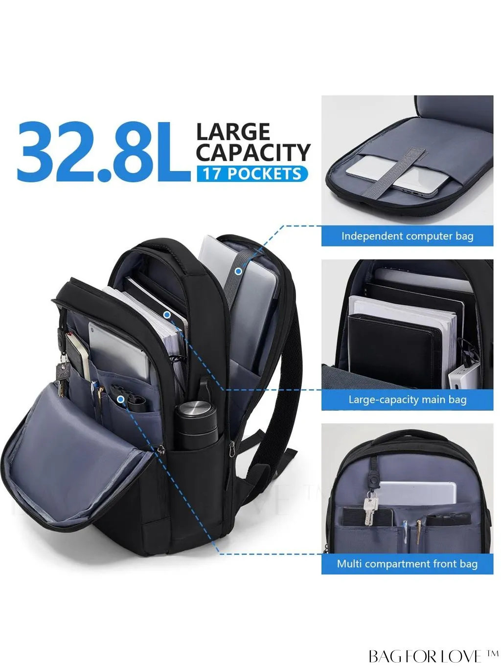 BagForLove - Premium Unisex Black Travel Laptop Backpack - Business-Friendly 15.6 Computer Work Bag