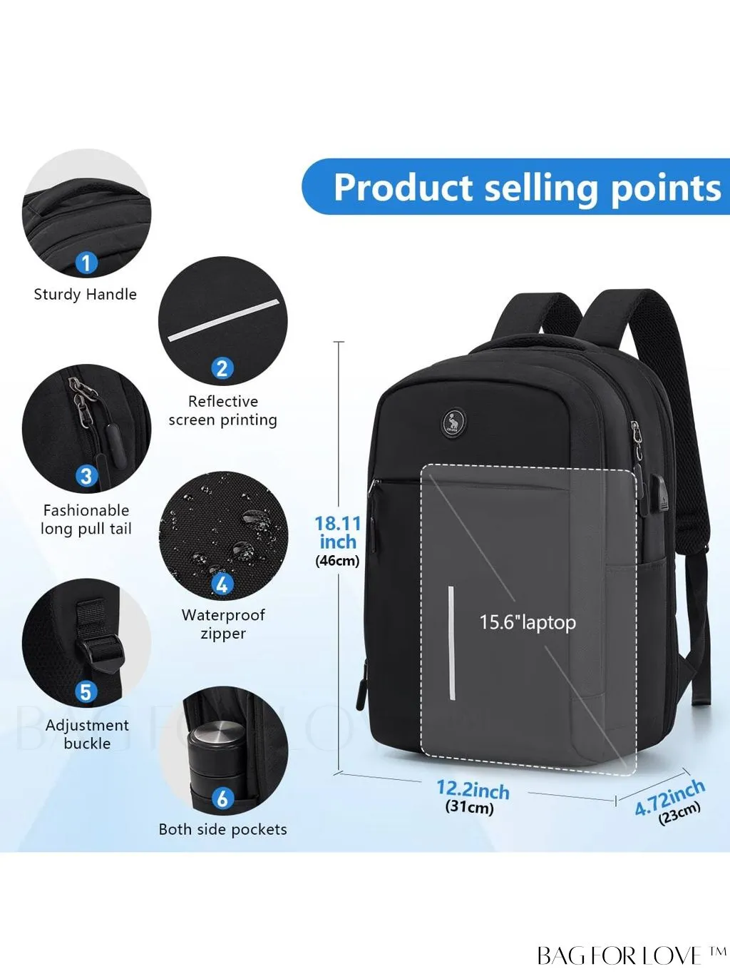 BagForLove - Premium Unisex Black Travel Laptop Backpack - Business-Friendly 15.6 Computer Work Bag