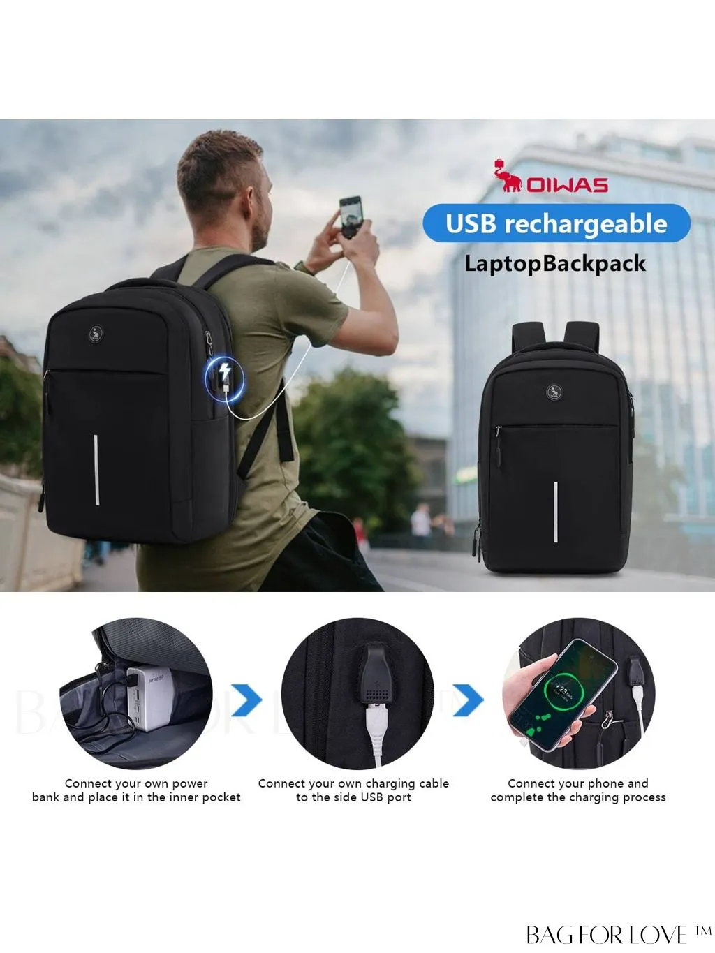 BagForLove - Premium Unisex Black Travel Laptop Backpack - Business-Friendly 15.6 Computer Work Bag