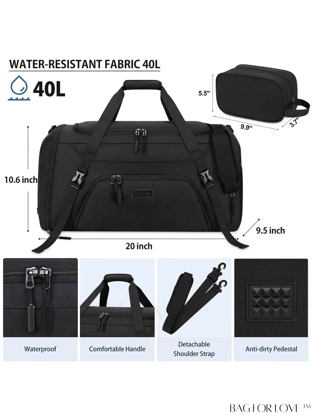 BagForLove - Waterproof 40L Sports Duffel with Shoe Compartment - for Men & Women