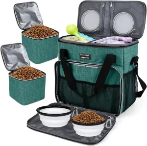 BAGLHER Pet Travel Set Airline-Approved Carrier for Small/Medium Cats & Dogs   Travel Bag with Food Containers & Silicone Bowls, Grey & Green
