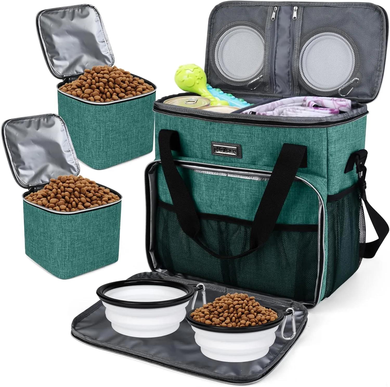 BAGLHER Pet Travel Set Airline-Approved Carrier for Small/Medium Cats & Dogs   Travel Bag with Food Containers & Silicone Bowls, Grey & Green