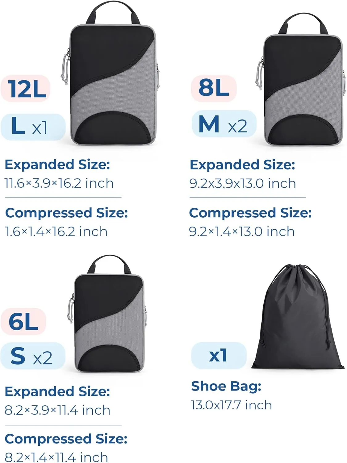 BAGSMART Compression Packing Cubes - 6 Set Travel Packing Cubes for Suitcases, Compression Suitcase Organizers with Shoe Bag