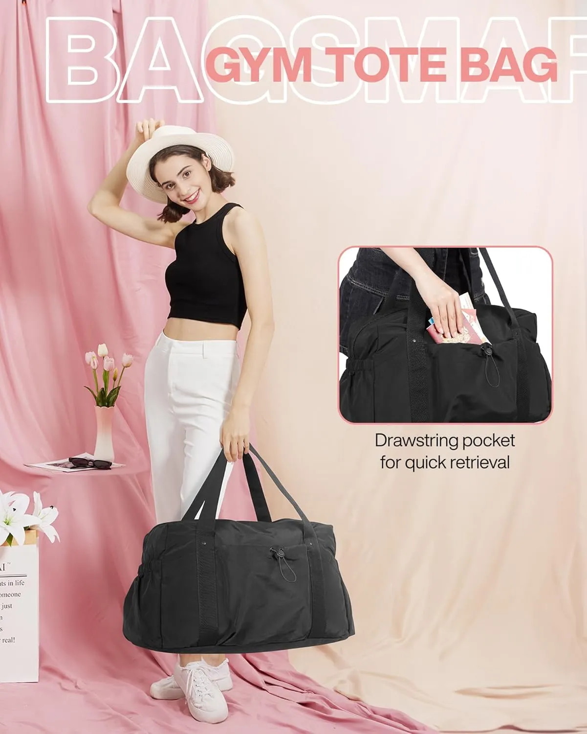 BAGSMART Foldable Travel Duffle Bag For Women, Gym Tote Bag for Sports, 26L Airport Carry On Weekender Overnight Bag for Travel, Travel Accessories(Black)