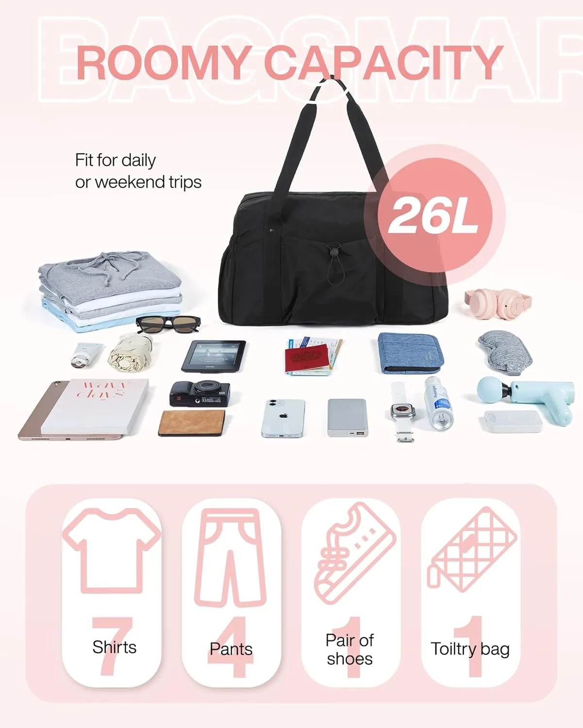 BAGSMART Foldable Travel Duffle Bag For Women, Gym Tote Bag for Sports, 26L Airport Carry On Weekender Overnight Bag for Travel, Travel Accessories(Black)