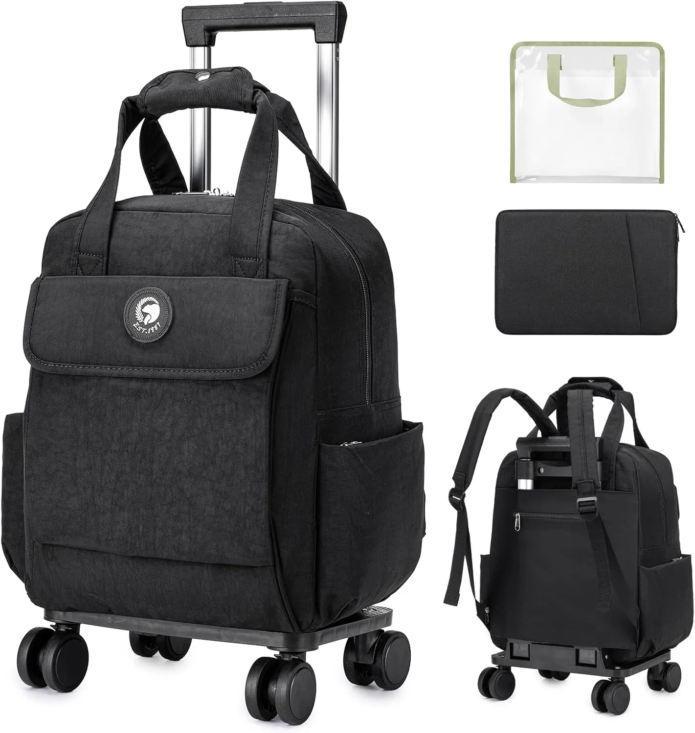 BAGZY Travel Backpack with Wheels Rolling Backpack Carry On Luggage Waterproof Rolling Teacher Bag with Laptop Compartment Briefcase for Women Men Computer Bag with Wheels Rolling 25L Black