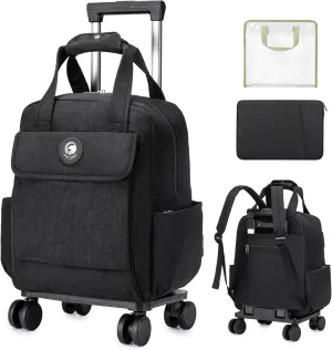 BAGZY Travel Backpack with Wheels Rolling Backpack Carry On Luggage Waterproof Rolling Teacher Bag with Laptop Compartment Briefcase for Women Men Computer Bag with Wheels Rolling 25L Black
