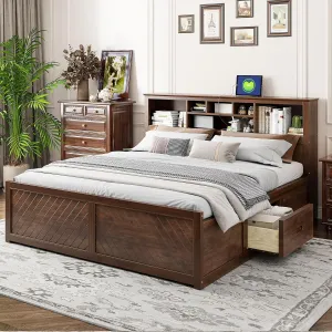 Ball & Cast King Size Wood Platform Bed with Multi-Storage Headboard and USB,Multi-Functional Bed Frame w/ 2 Drawers & Slats Support,Bedroom Furniture Bedframe for Apartment,Antique Wood Color