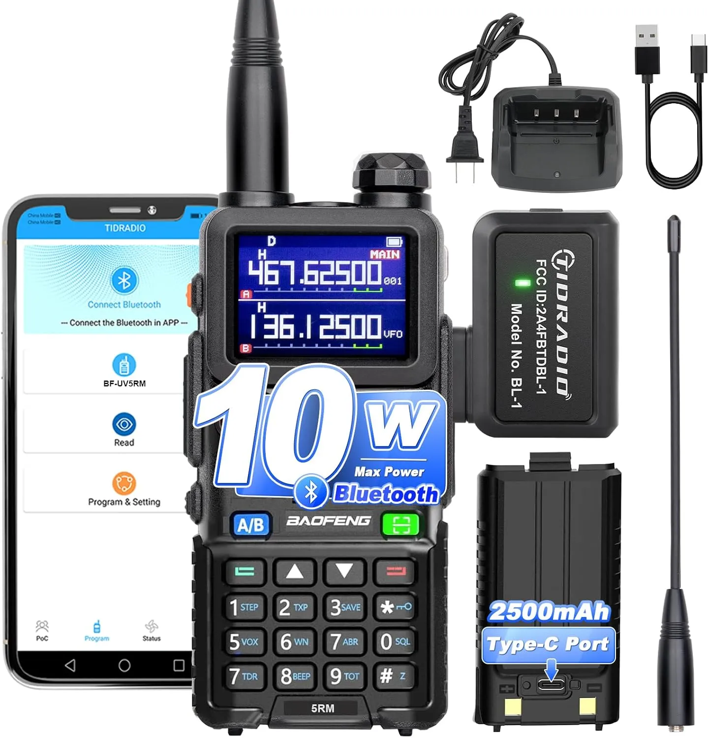 BAOFENG 5RM 10W Long Range Ham Radio with TIDRADIO Portable Wireless Programmer Upgraded UV-5R Handheld 8 Bands&NOAA Weather Receiver, Frequency Copy,2500mAh TypeC Battery