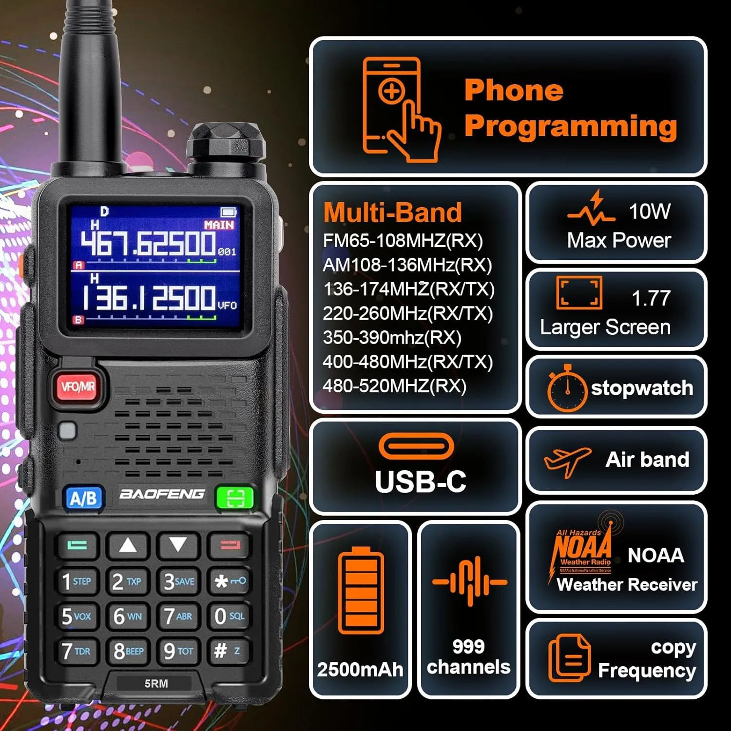 BAOFENG 5RM 10W Long Range Ham Radio with TIDRADIO Portable Wireless Programmer Upgraded UV-5R Handheld 8 Bands&NOAA Weather Receiver, Frequency Copy,2500mAh TypeC Battery