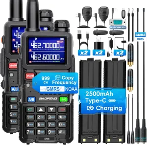 BAOFENG 5RM GMRS Handheld Radio, UV-5G Plus(4 x 2500mAh Batteries), Multi-Band Long Range 5W Two Way Radio with 999Channels NOAA Frequency Match Speaker Mic 805S & 8" & 15.5" Antennas-2 Pack Full kit