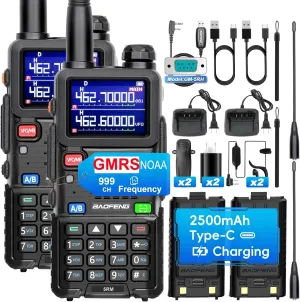 BAOFENG GMRS Handheld Radio, 5RM GMRS Long Range Two Way Radios, NOAA/FM/UHF/1.25M/VHF Receiver & Scanner, 999 CH, 2500mAh Type-C Battery, Frequency Match- 2 Pack Full kit