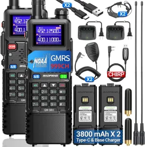 BAOFENG GMRS Handheld Radio Long Range Rechargeable 3800mAh Extends Battery 999 Channels NOAA Weather Receiver Copy Frequency USB-C Charger Two Way Radio GM-5RH with High Gain Antenna(2 Pack)