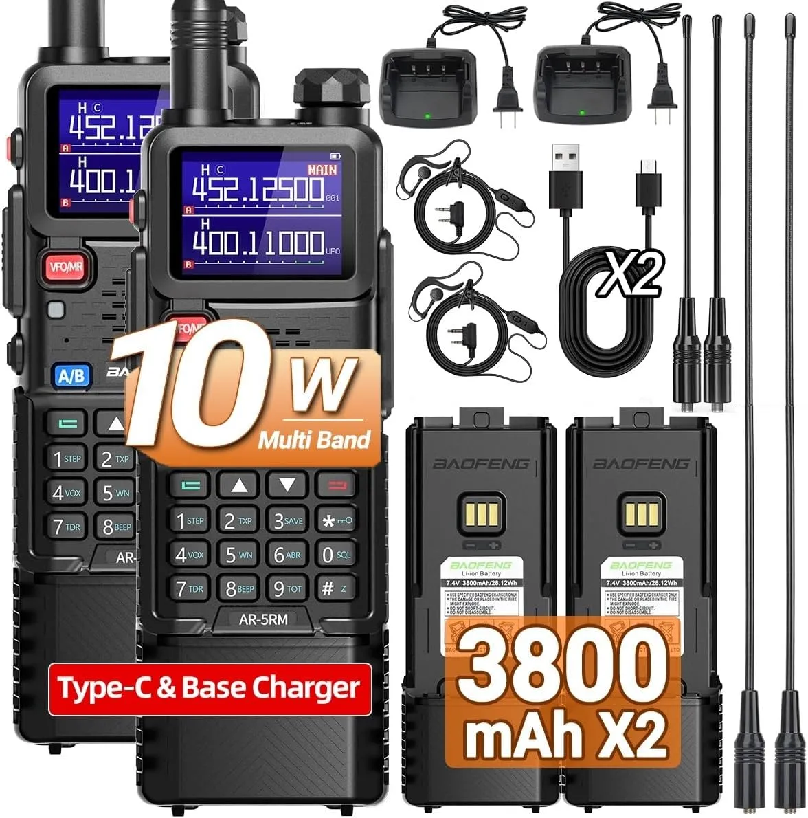 BAOFENG Radio Ham Radio AR-5RM 10W Handheld Long Range Walkie Talkies 5RM Rechargeable 3800mAh Battery 999 Channels NOAA Weather Two Way Radios with USB-C Charger for Camping Hunting (2 Pack)