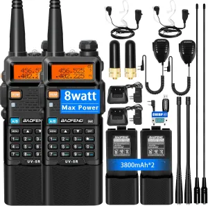 BAOFENG UV-5R 8W Ham Radio Handheld Long Range with 3800mAh Type-C Charging Port Battery, UV5R Rechargeable Handheld Walkie Talkie, Dual Band Two Way Radio for Adults (2 Pack)