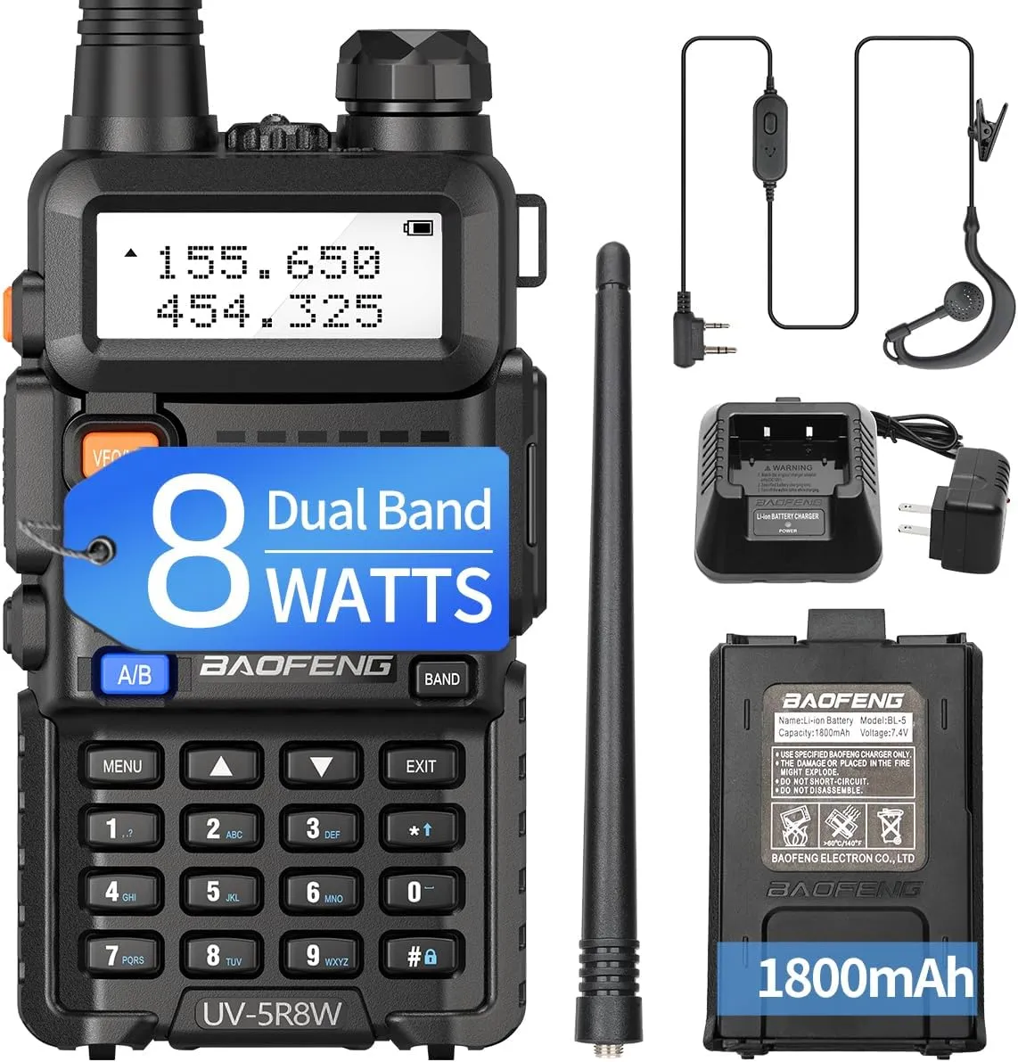 BAOFENG UV-5R 8W Ham Radio Long Range Handheld Walkie Talkies High Power Dual Band Rechargeable UV5R Two Way Radio Walkie Talkie Full Kit