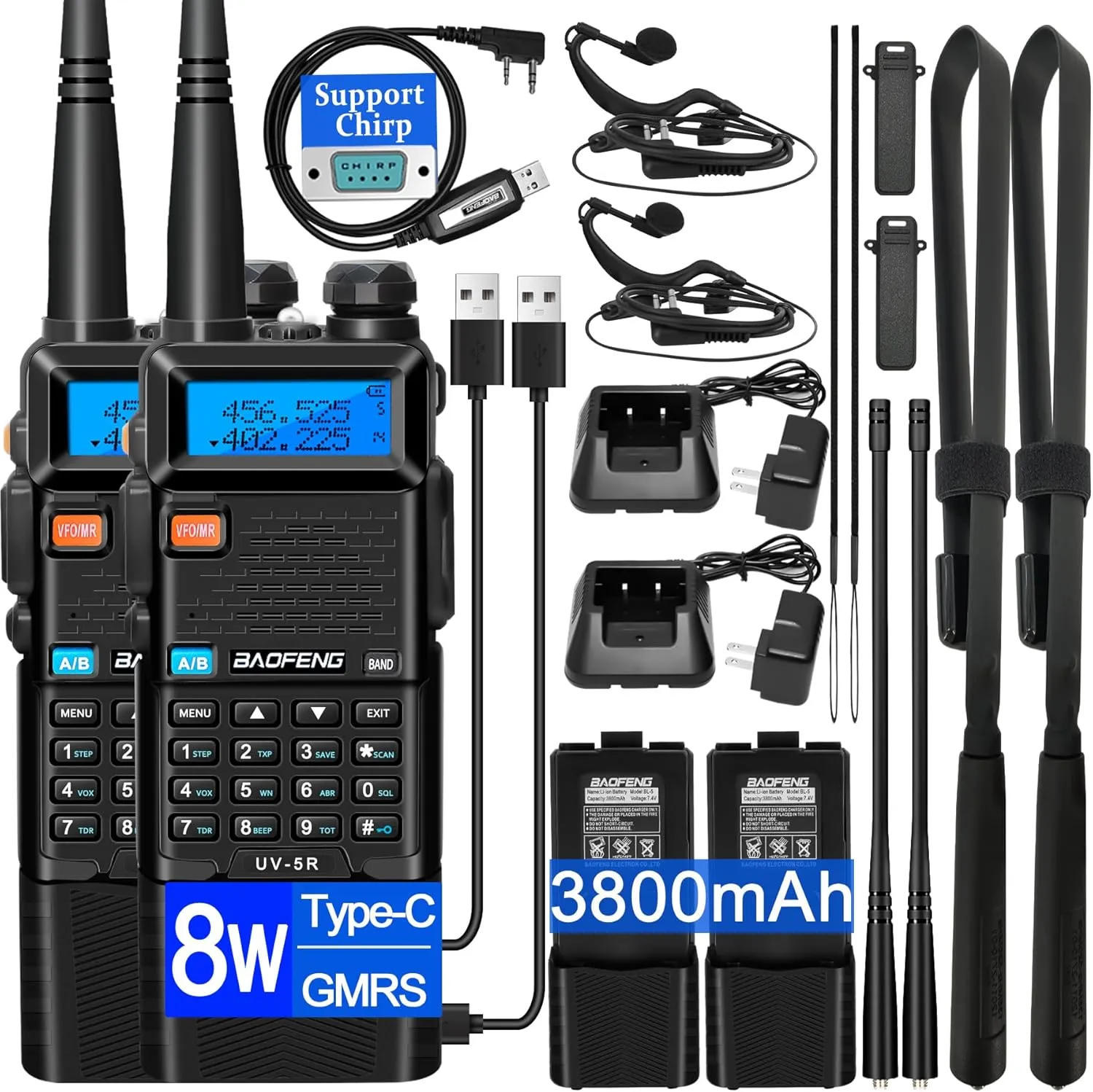 BAOFENG UV-5R Ham Radio Handheld: 8W Ham Radios Long Range UV5R Radio 3800mAh Rechargeable Walkie Talkies Two Way Radio with Programming Cable,Tactical Antenna and Earpiece for Survival Gear, 2 Pack