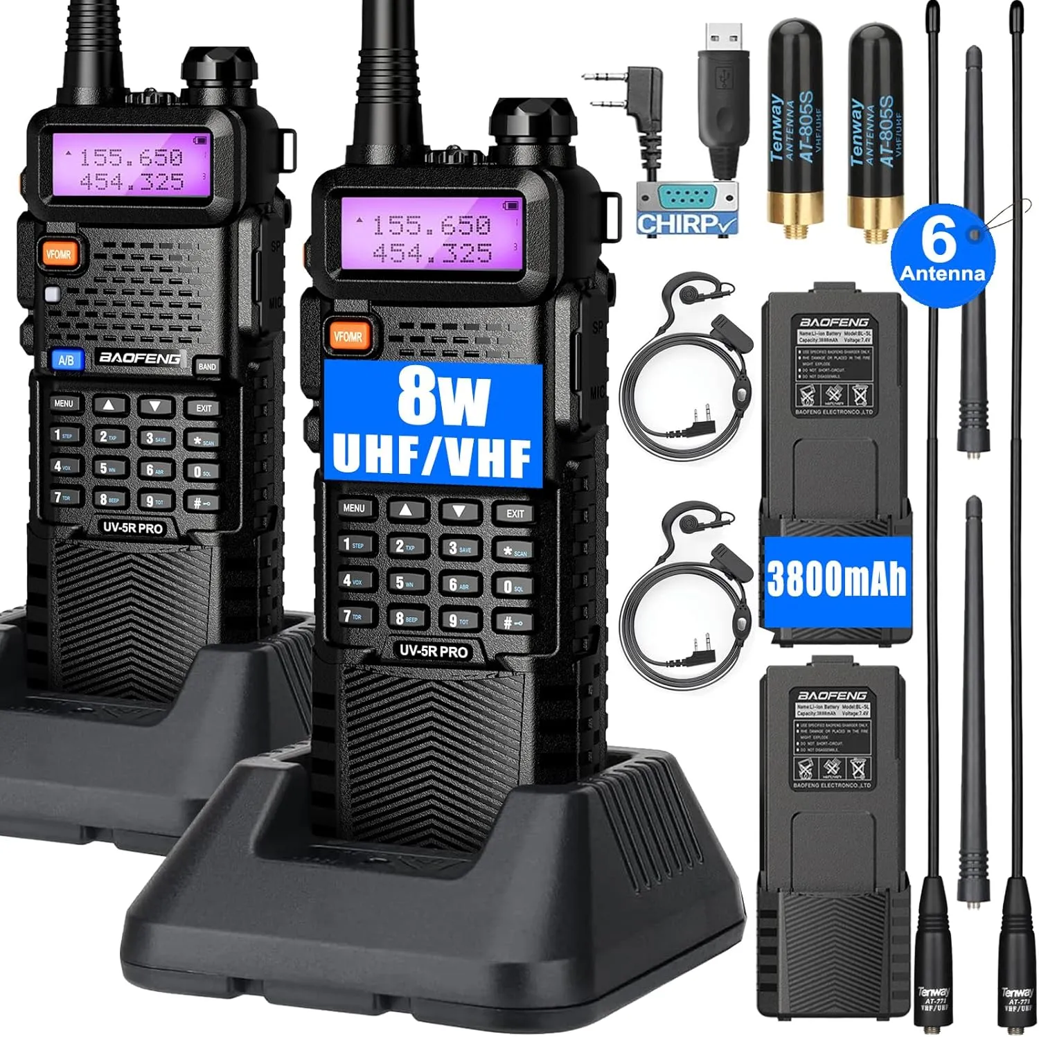 BAOFENG UV-5R pro 8W Handheld Ham Radios Multi Band Walkie Talkie Long Range Radios with Earpiece for Survival Gear Two Way Radio 3800mAh Battery VHF UHF (baofeng uv5r  771 Antenna)