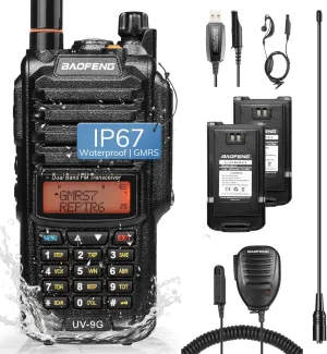 BAOFENG UV-9G GMRS Handheld Radio Waterproof IP67, Two Way Radios Long Range Dual Band NOAA Scanner GMRS Repeater Capable, Support CHIRP, with Two Batteries, 15.5" High Gain Antenna, Programming Cable